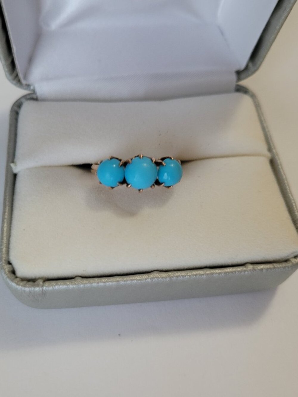 Turquoise Antique Gold Ring Victorian 3 Blue Stones 10k December Birthstone - Picture 13 of 16